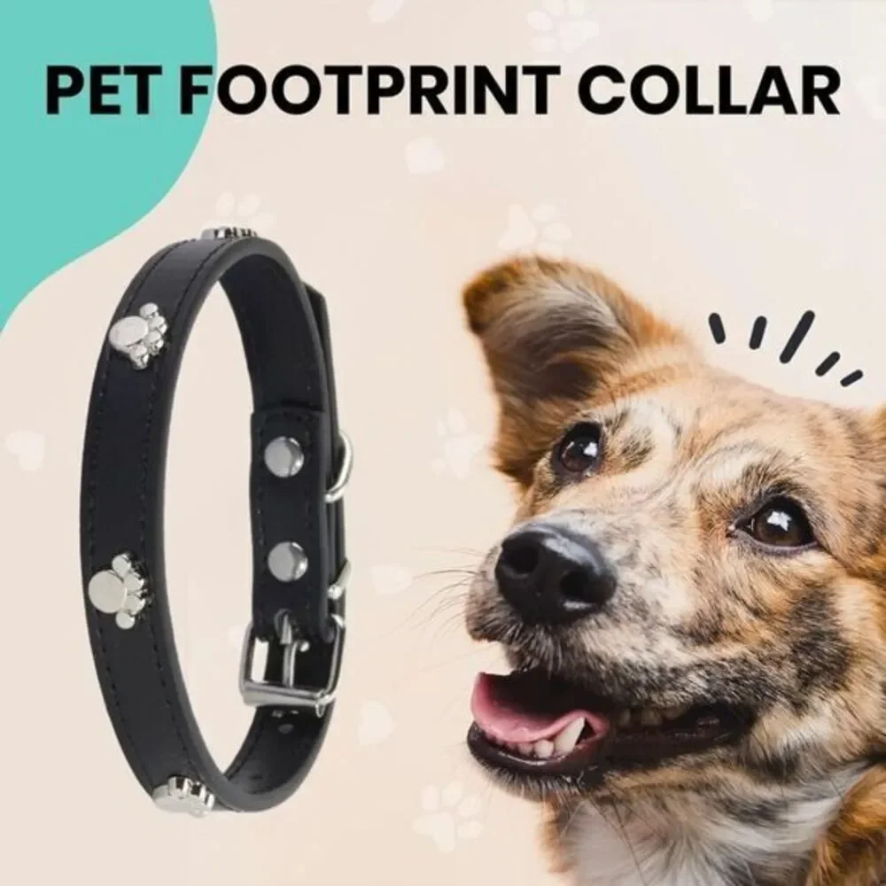 Premium PU Leather Durable Adjustable Dog Collar‎ with Paw Decoration Large